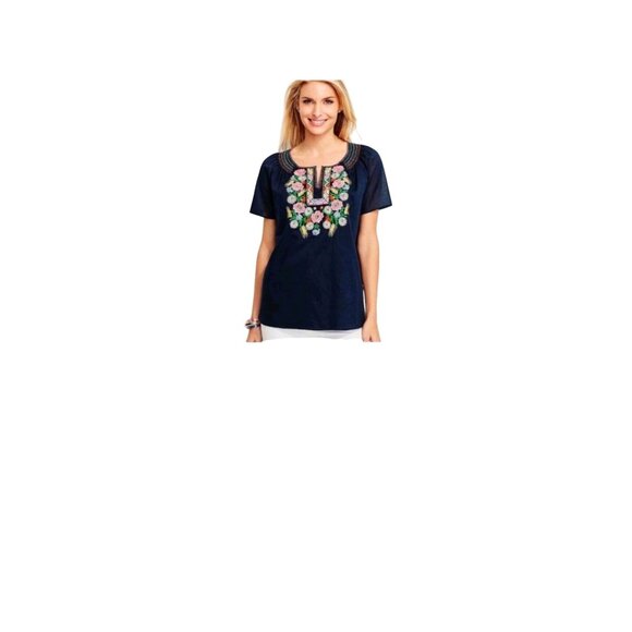 Talbots Tops - Talbots Petites Navy Heavily Embroidered Floral Blouse M/P Cotton Short Sleeve